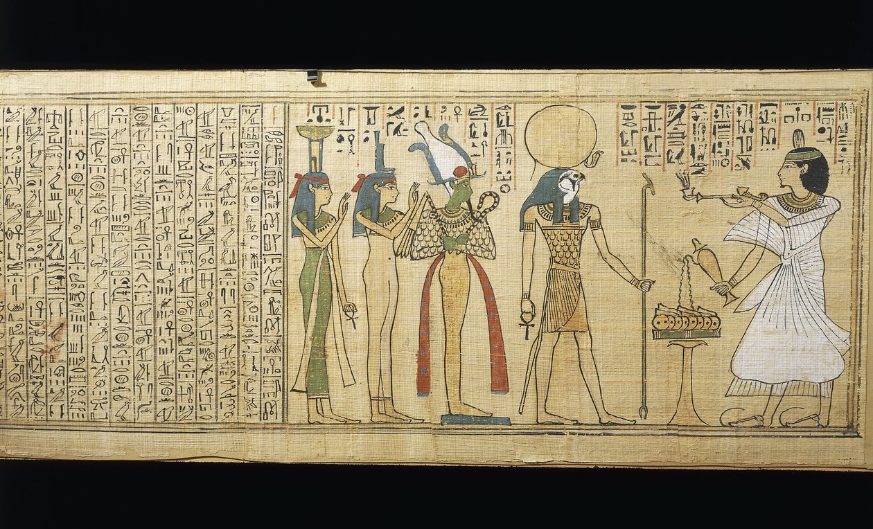 Khonsumesin papyrus, kuolleiden kirja, joka uhrasi Osirikselle, Isikselle ja Nephthykselle, kolmas välikausi tekijältä New Kingdom Egyptian