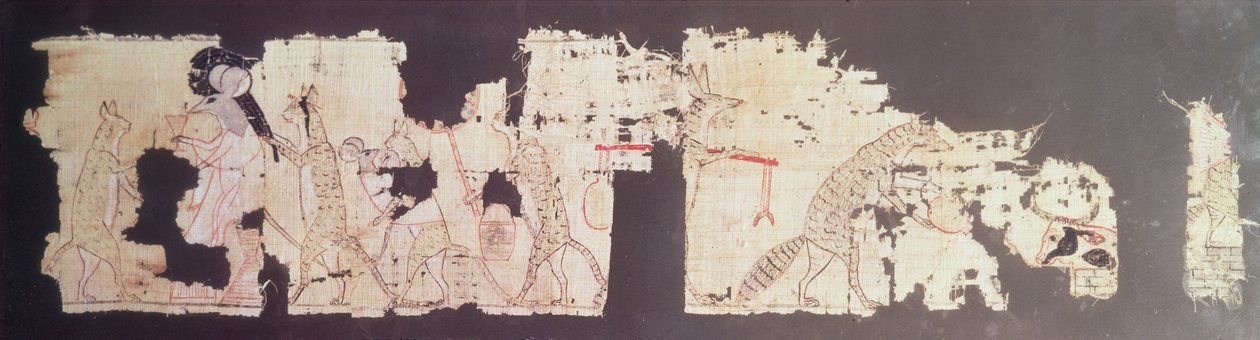 Satiirinen papyrus, joka kuvaa hiirtä, jota kissat palvelevat (papyrus) tekijältä New Kingdom Egyptian