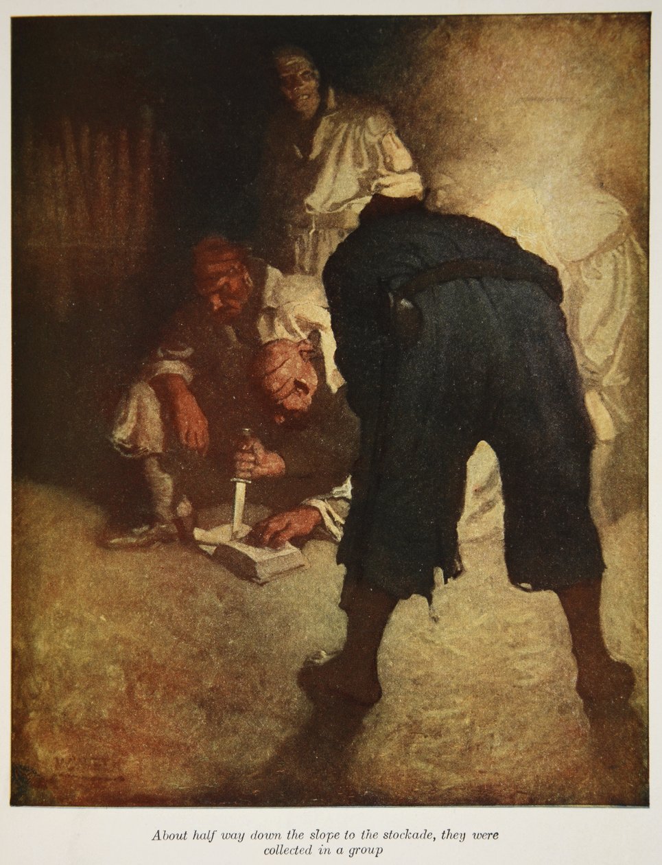 Noin puolessa välissä rinteestä alas laaksoon, heidät kerättiin ryhmään, kuva Robert Louis Stevensonin pubista "Treasure Island". Charles Scribnerin pojat, 1911 tekijältä Newell Convers Wyeth