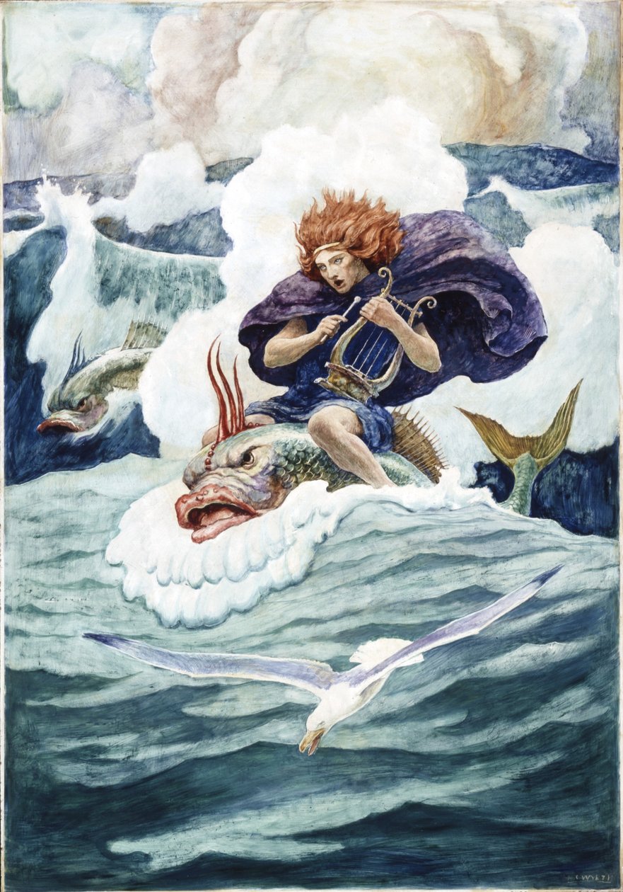 Arion ja delfiini, 1938 (öljy renessanssipaneeliin) tekijältä Newell Convers Wyeth