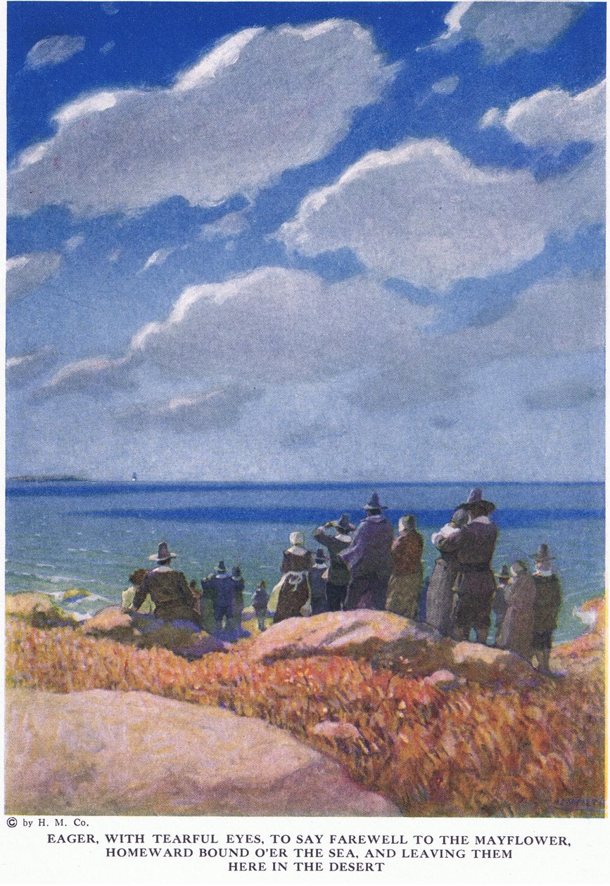 Innokas, kyynelsilmin, sanomaan jäähyväiset Mayflowerille tekijältä Newell Convers Wyeth