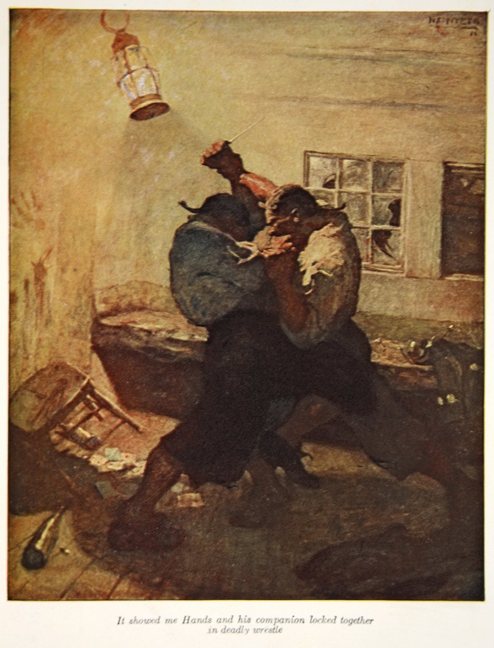 Se näytti minulle Handsin ja hänen kumppaninsa, jotka olivat lukittuina yhteen tappavaan painiin, kuva Robert Louis Stevensonin pubista "Treasure Island". Charles Scribnerin pojat, 1911 tekijältä Newell Convers Wyeth