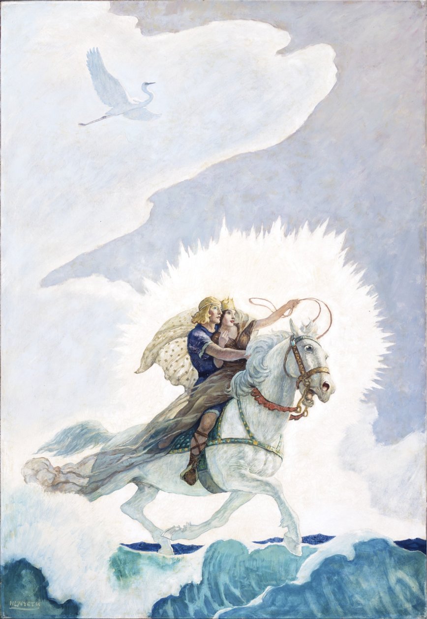 Oisín Rides to the Land of Youth, 1940 (öljy renessanssipaneeliin) tekijältä Newell Convers Wyeth