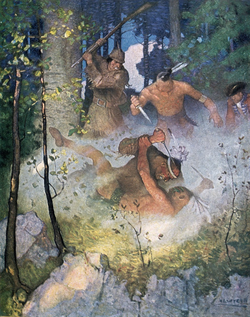 "The Fight in the Forest", kuvitus Fenimore Cooperin (1789-1851) teoksesta "The Last of the Mohicans", julkaistu New Yorkissa 1920 tekijältä Newell Convers Wyeth