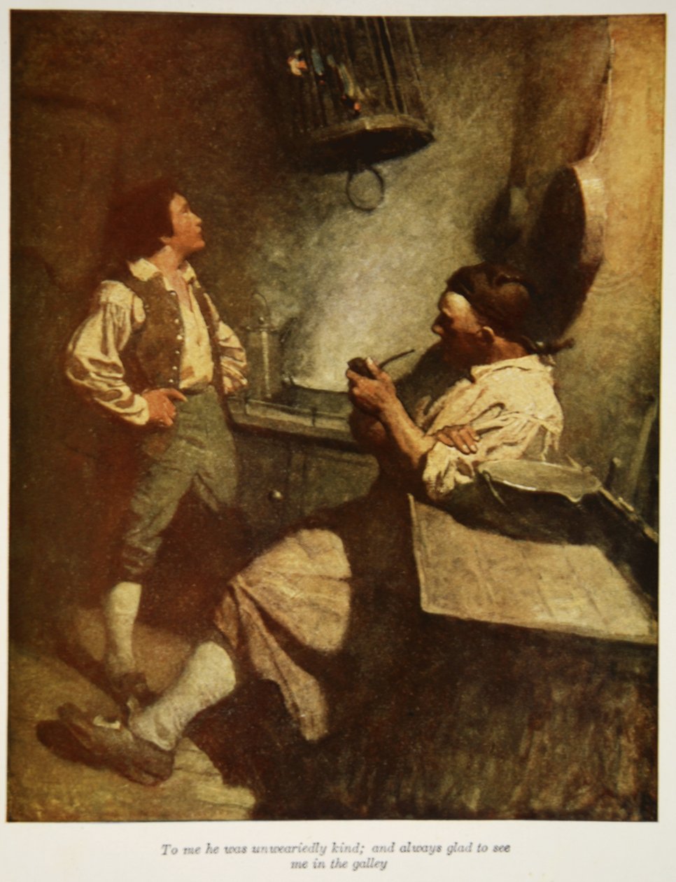 Minulle hän oli väsymättömän ystävällinen ja aina iloinen nähdessään minut keittiössä, kuvitus Robert Louis Stevensonin pubista "Treasure Island". Charles Scribnerin pojat, 1911 tekijältä Newell Convers Wyeth