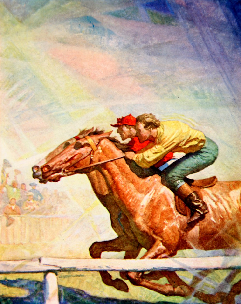 Kiroilemalla ja ruoskien Jockey asettui voittajapylvääseen (väri litho) tekijältä Newell Convers (after) Wyeth