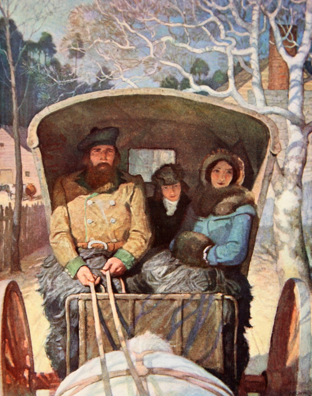 Fraser-perhe pukeutui lämpimästi hevoskärryihin (värilitho) tekijältä Newell Convers (after) Wyeth