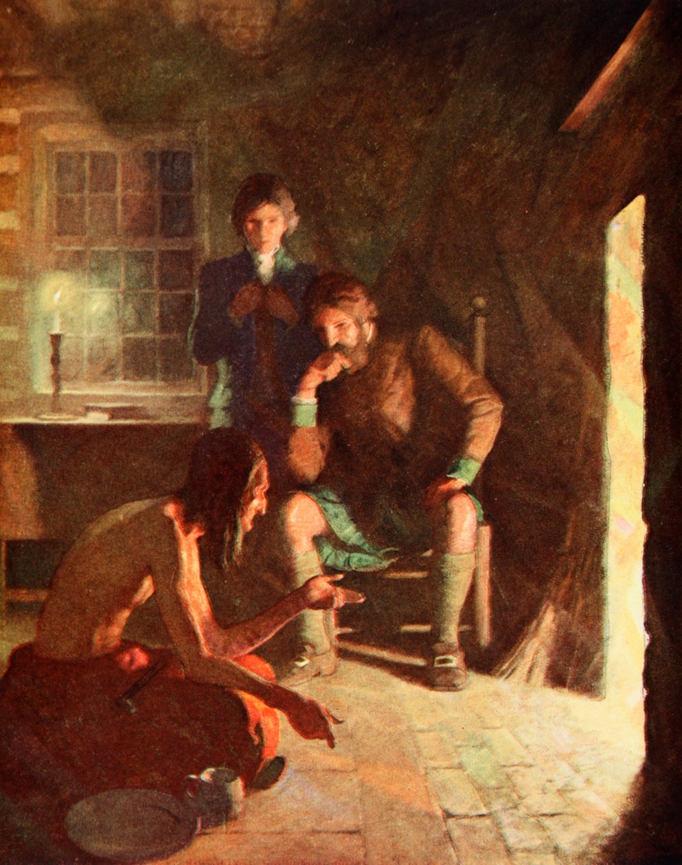 Intiaanien pitkämielisyystapaaminen varhaisasukkaiden kodissa (värilitho) tekijältä Newell Convers (after) Wyeth