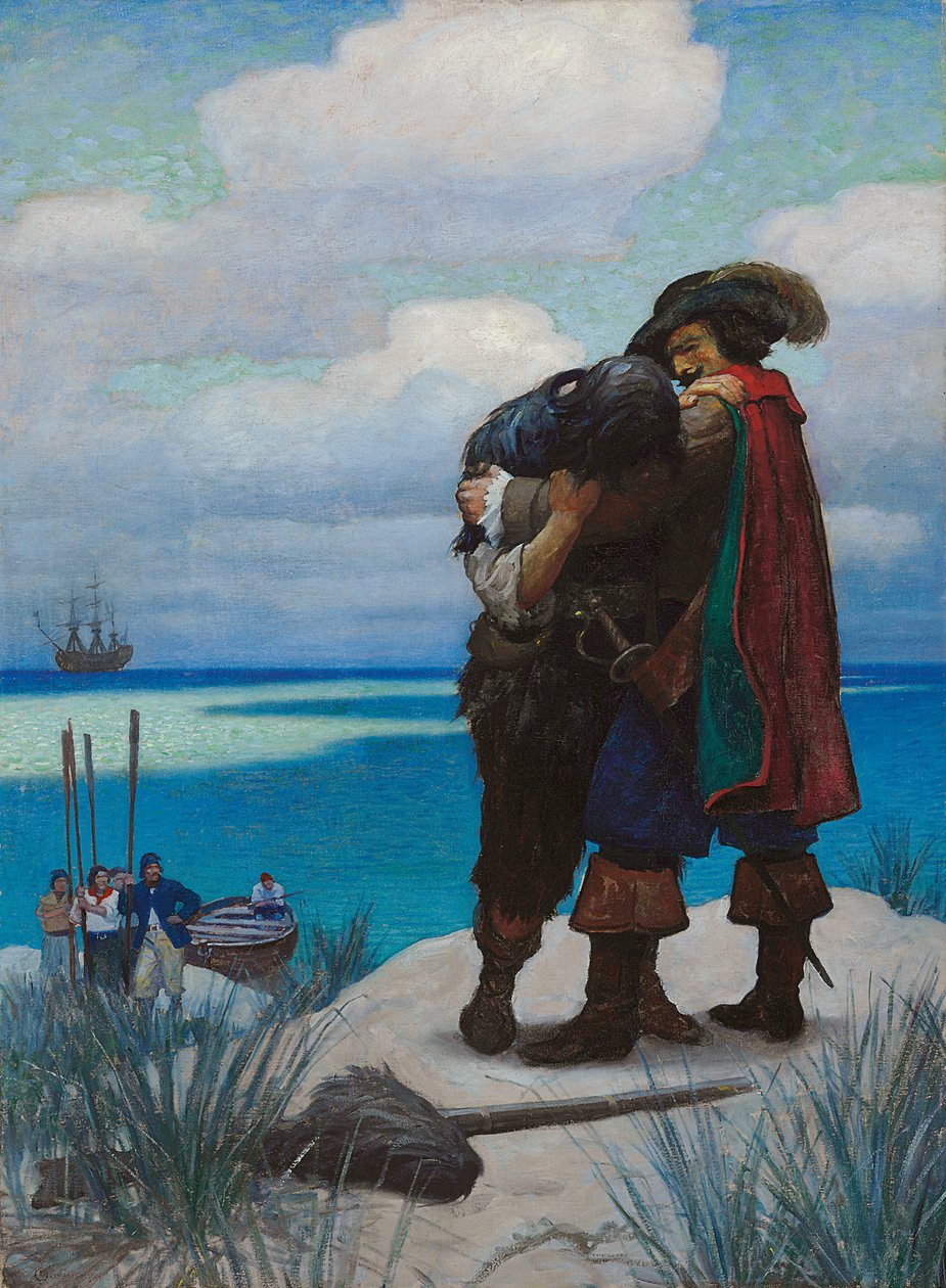 Aluksi, jonkin aikaa, en kyennyt vastaamaan hänelle yhtä sanaa; Mutta kun Hän oli ottanut minut syliinsä, pidin hänestä lujaa, tai minun olisi pitänyt kaatua maahan tekijältä Newell Convers Wyeth