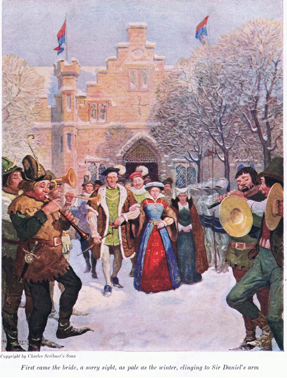 Ensin tuli morsian, ikävä näky, kalpea kuin talvi, tarttumassa Sir Danielsin käsivarteen, 1916 tekijältä Newell Convers Wyeth