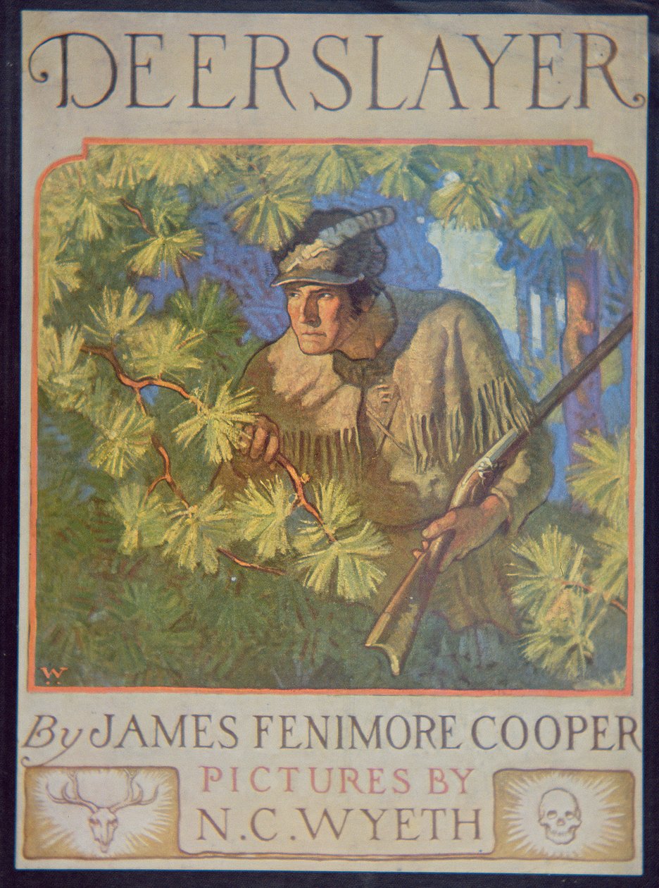 James Fennimore Cooperin (1759-1851) The Deerslayerin etukansi 1929 (värinen lito) tekijältä Newell Convers Wyeth