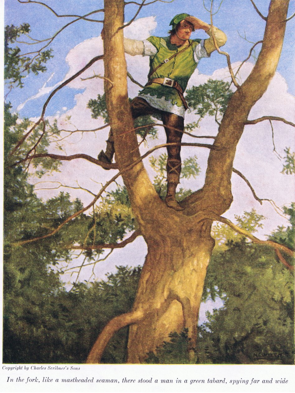 Haarukassa kuin mastopäinen merimies, seisoi mies vihreässä viipaleessa vakoilemassa kauas ja leveästi, 1916 tekijältä Newell Convers Wyeth