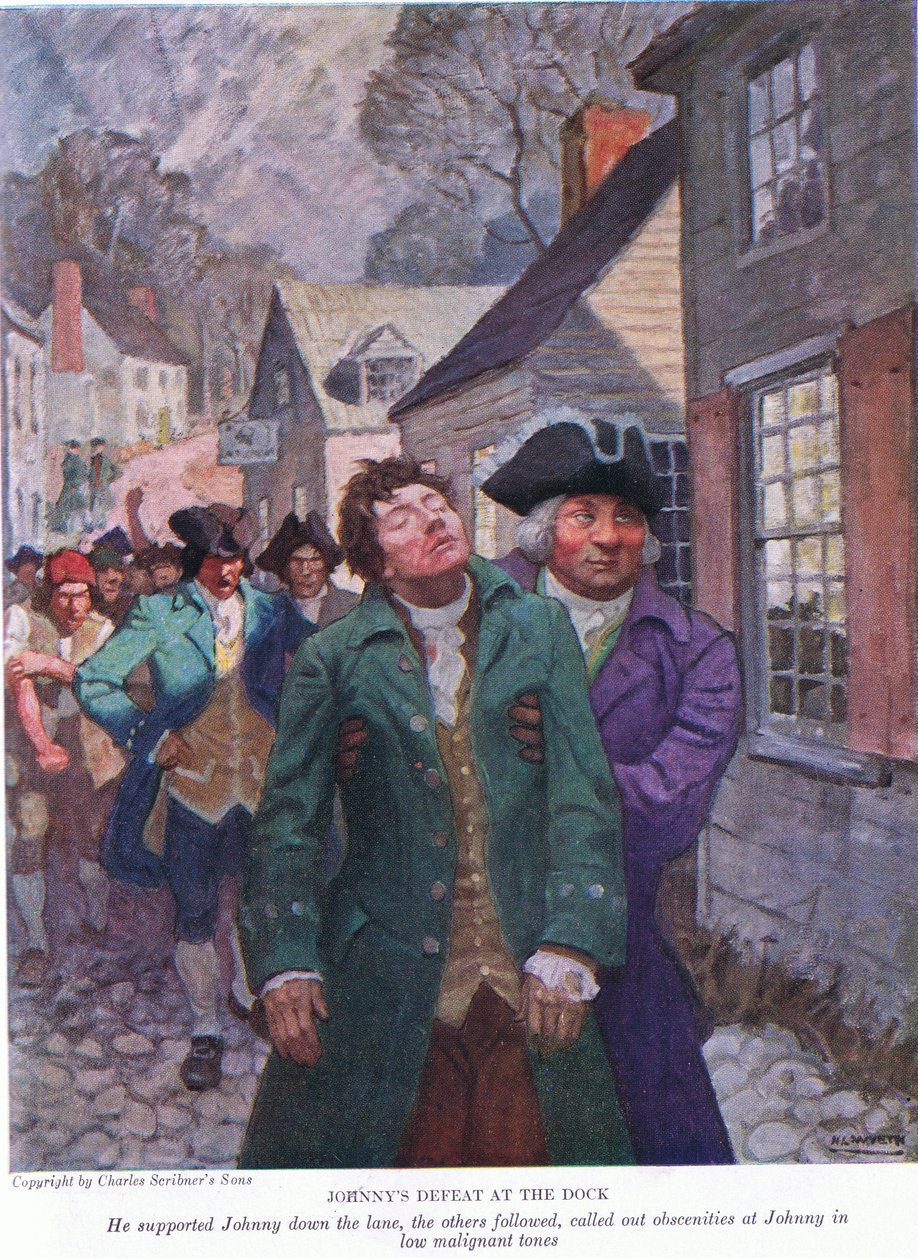 Johnnyn tappio laiturissa: Hän tuki Johnnyn kaistalla. Muut seurasivat julki siveettömyyttä matalilla pahanlaatuisilla sävyillä, 1928 tekijältä Newell Convers Wyeth