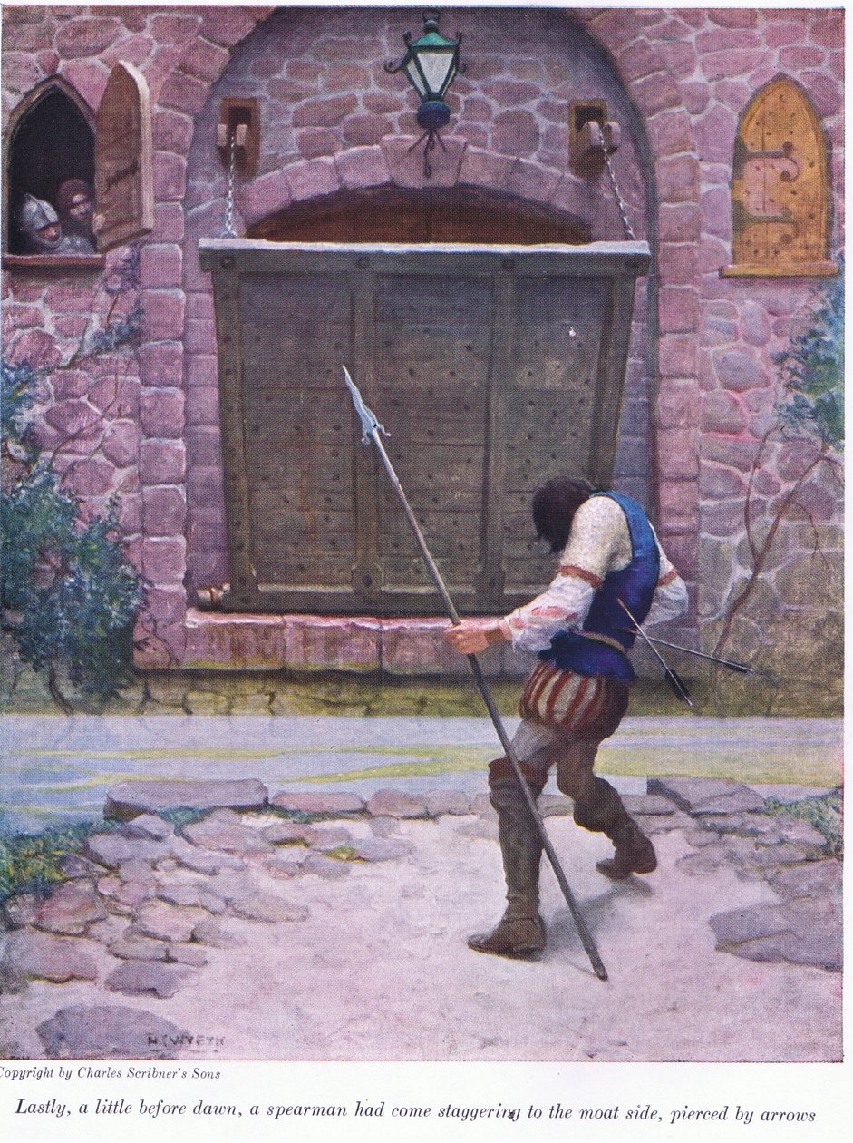 Viimeinkin vähän ennen aamunkoittoa, keihäsmies on tullut vallihaudalle nuolien lävistettynä, 1916 tekijältä Newell Convers Wyeth