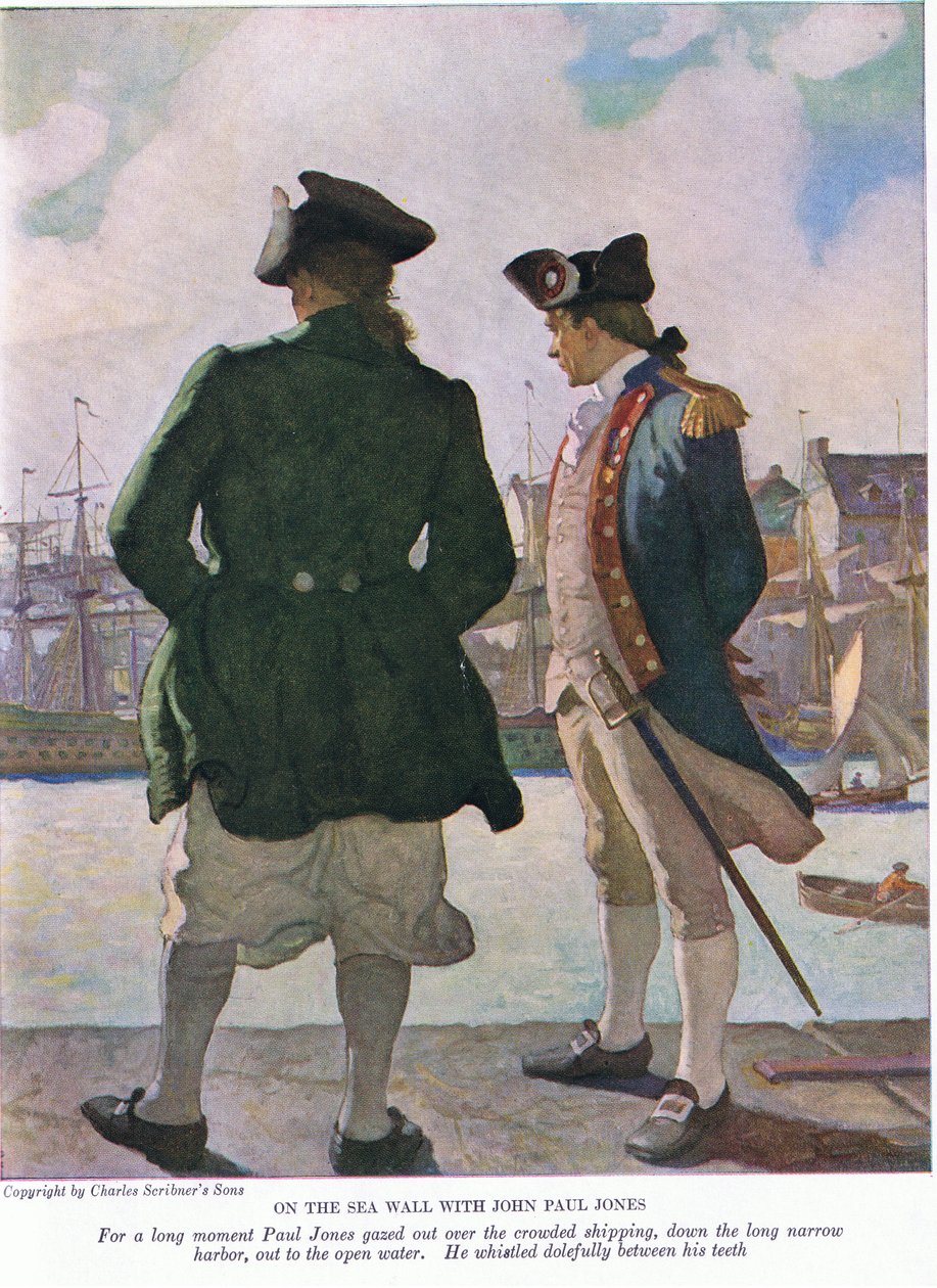 Meren seinällä John Paul Jonesin kanssa: John Paul katseli pitkän hetken merenkulkua satamaa pitkin avoveteen, 1928 tekijältä Newell Convers Wyeth