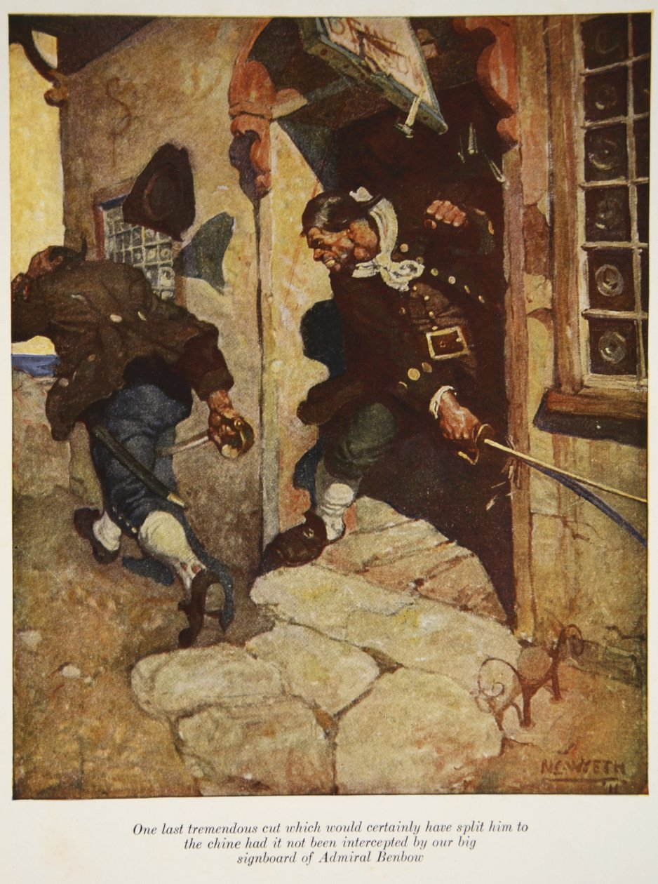 Viimeinen valtava viilto, joka olisi varmasti halkaissut hänet pohjukaan, ellei sitä olisi pysäyttänyt iso kylttimme Admiral Benbowista, Robert Louis Steven kuvituksesta Treasure Islandista. tekijältä Newell Convers Wyeth
