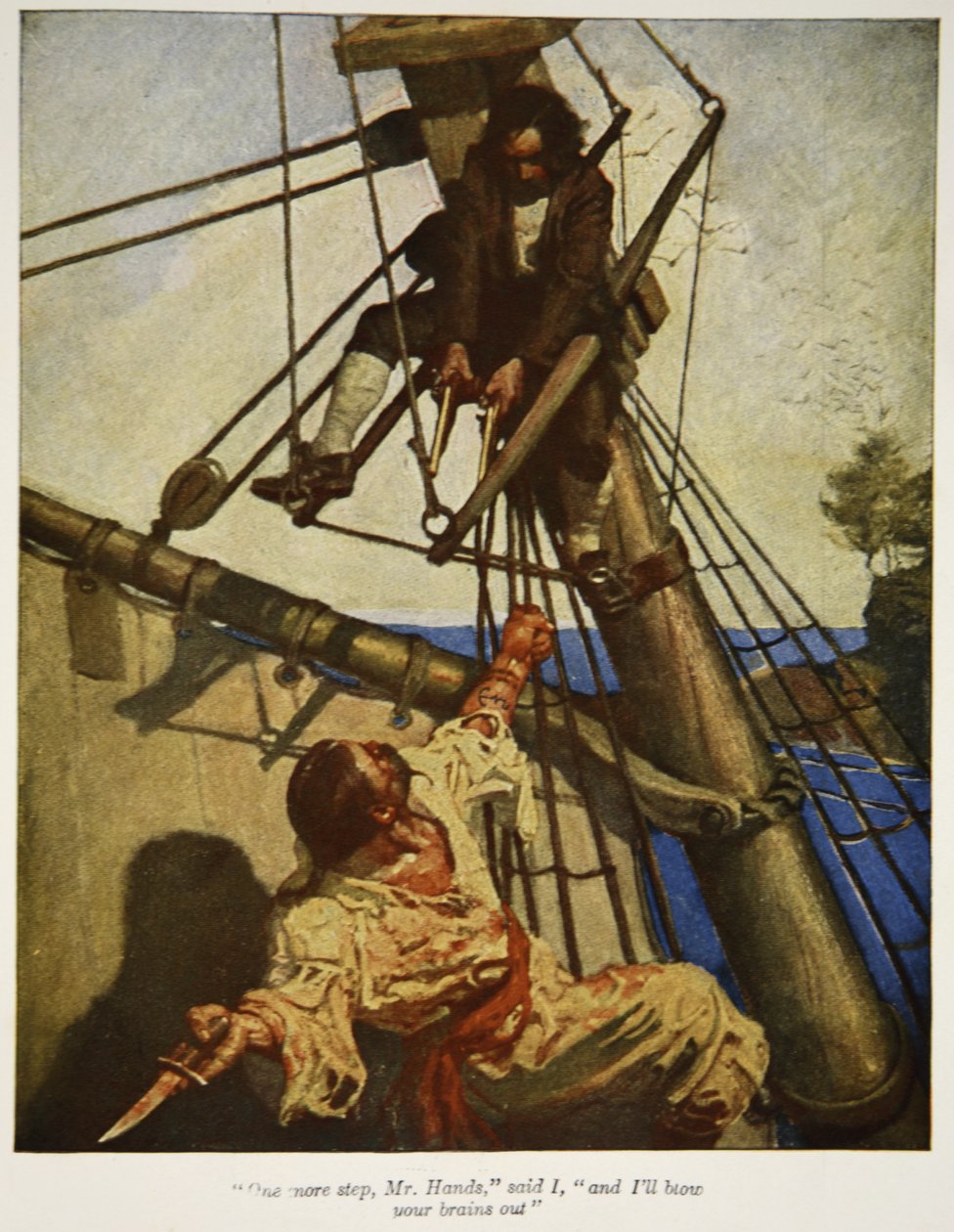 Vielä yksi askel, herra Hands, sanoin minä, ja räjähdän aivosi pois, kuva Robert Louis Stevensonin pubista "Treasure Island". Charles Scribnerin pojat, 1911 tekijältä Newell Convers Wyeth