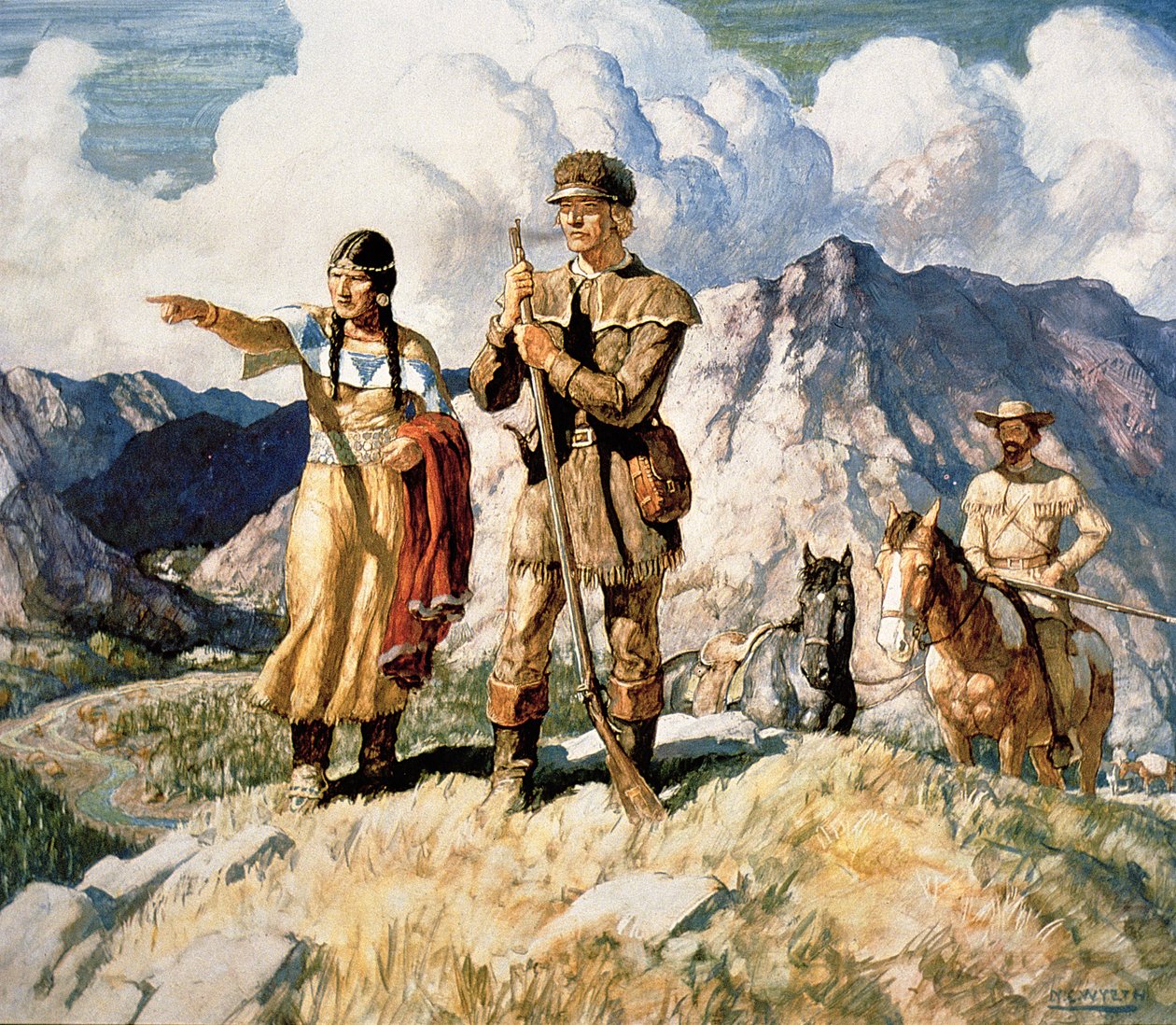 Sacagawea Lewisin ja Clarkin kanssa heidän tutkimusmatkallaan 1804-06 (värilitho) tekijältä Newell Convers Wyeth