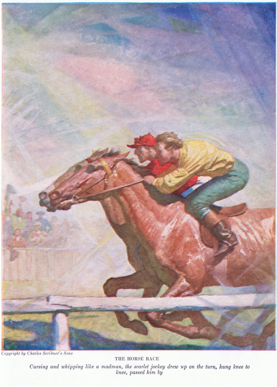 Hevoskilpailu: Hullun tavoin kiroileva ja ruoskiva helakanpunainen jockey nousi käännöksessä, riippui polvesta polveen, ohitti hänet, 1928 tekijältä Newell Convers Wyeth