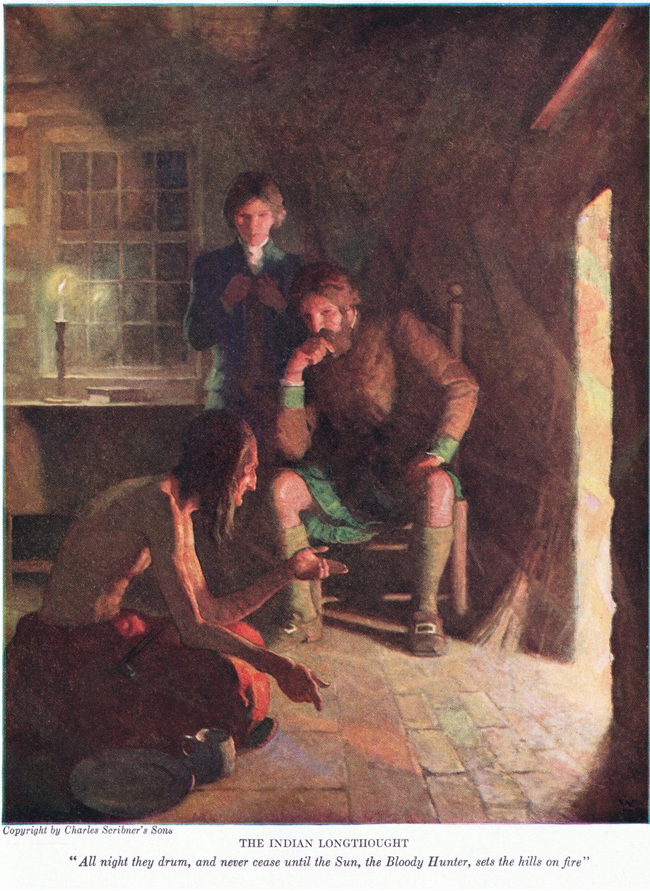 Intiaani pitkä ajatus! Koko yön he rummuttavat, eivätkä lopu koskaan ennen kuin aurinko, verinen metsästäjä, sytyttää kukkulat tuleen, 1928 tekijältä Newell Convers Wyeth