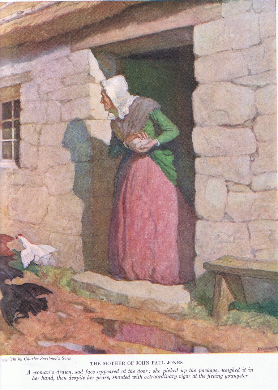 John Paul Jonesin äiti: Nainen piirretty, surullinen kasvo ilmestyi ovelle; hän otti paketin ja punnisi sen käsiinsä, 1928 tekijältä Newell Convers Wyeth