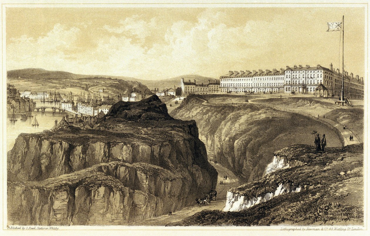 Whitby, Khyber Pass (Englanti), jossa on katsaus kaupungin rakennuksiin ja linnoitukseen. Liitoskuva, kaivertaja Newman  Co, julkaisija S.Reed. tekijältä Newman & Co.