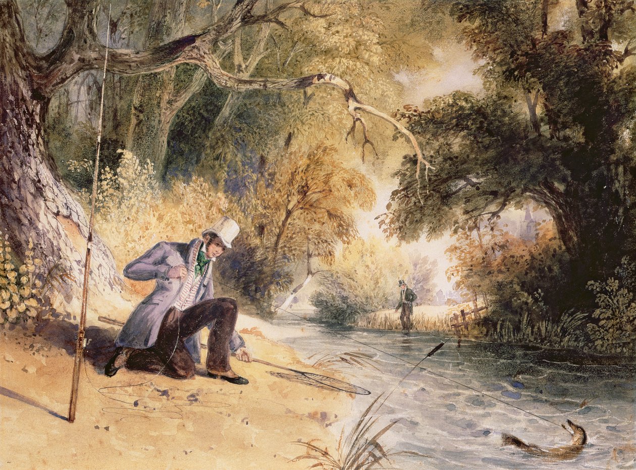 Pike Fishing, Landing a Jack, n.1839 (akvarelli paperille) tekijältä Newton Fielding