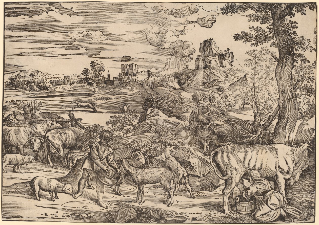 Maisema maitoneidon kanssa tekijältä Niccolò Boldrini after Titian