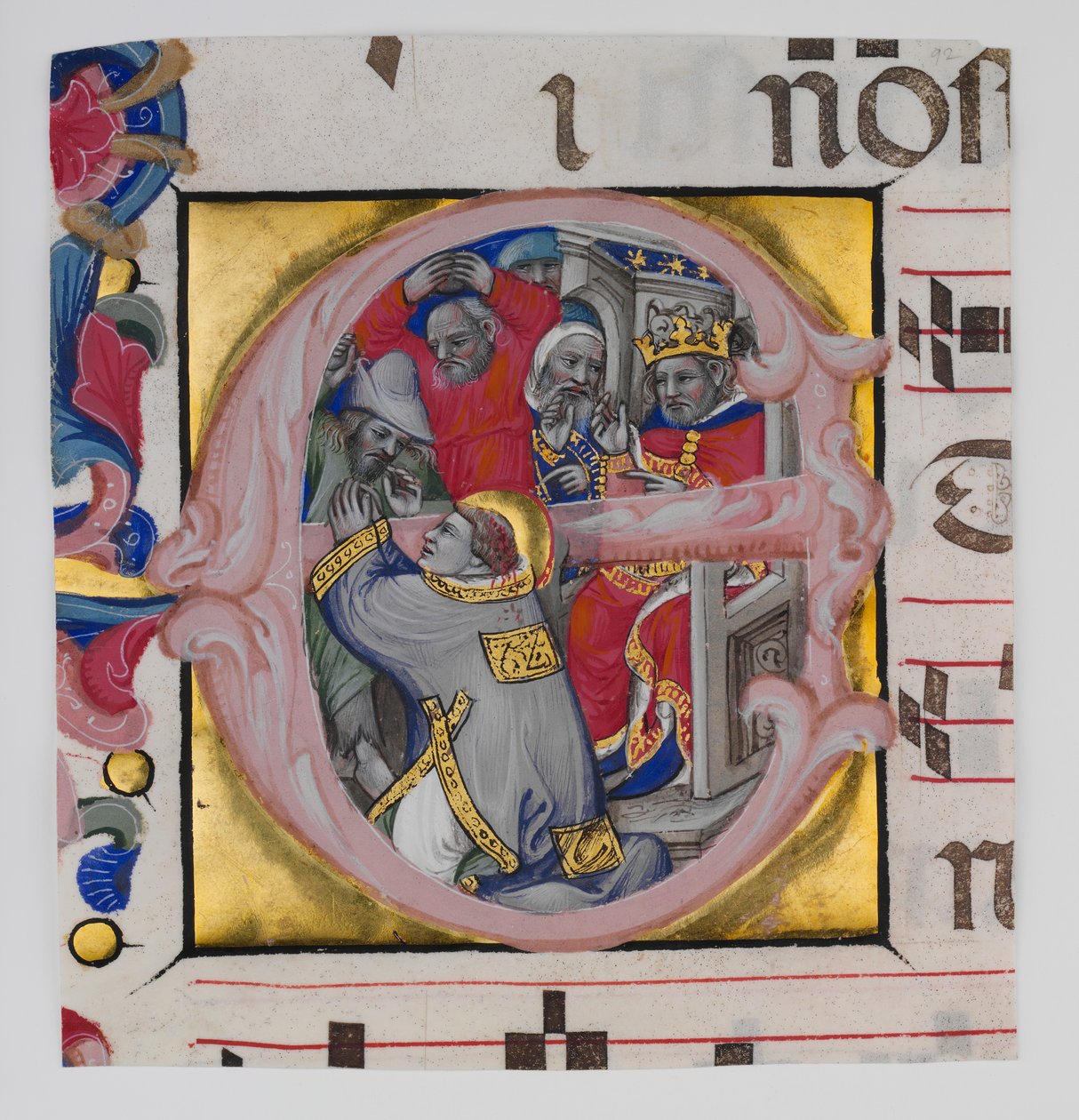 Käsikirjoituksen valaistus Pyhän Tapanin marttyyrikuoleman kanssa alkuvaiheessa..., n. 1394-1402. tekijältä Niccolò di Giacomo da Bologna
