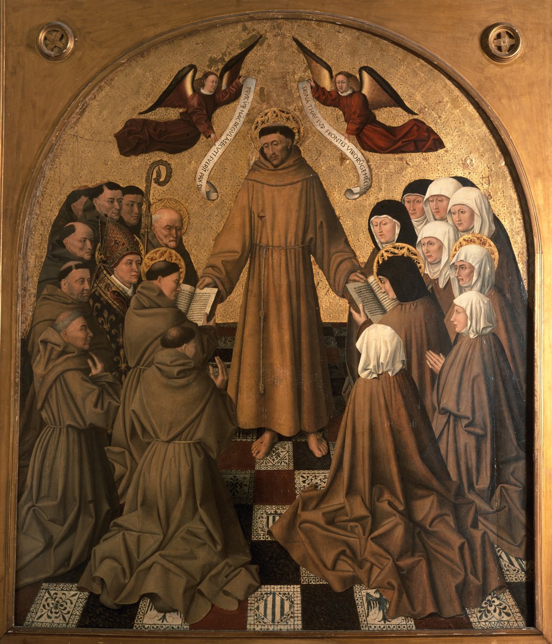 Pyhä Fransiskus antaa sääntökirjan opetuslapsilleen, paneeli Pala di Roccasta (tempera ja lehtikulta paneelille). tekijältä Niccolo Antonio Colantonio