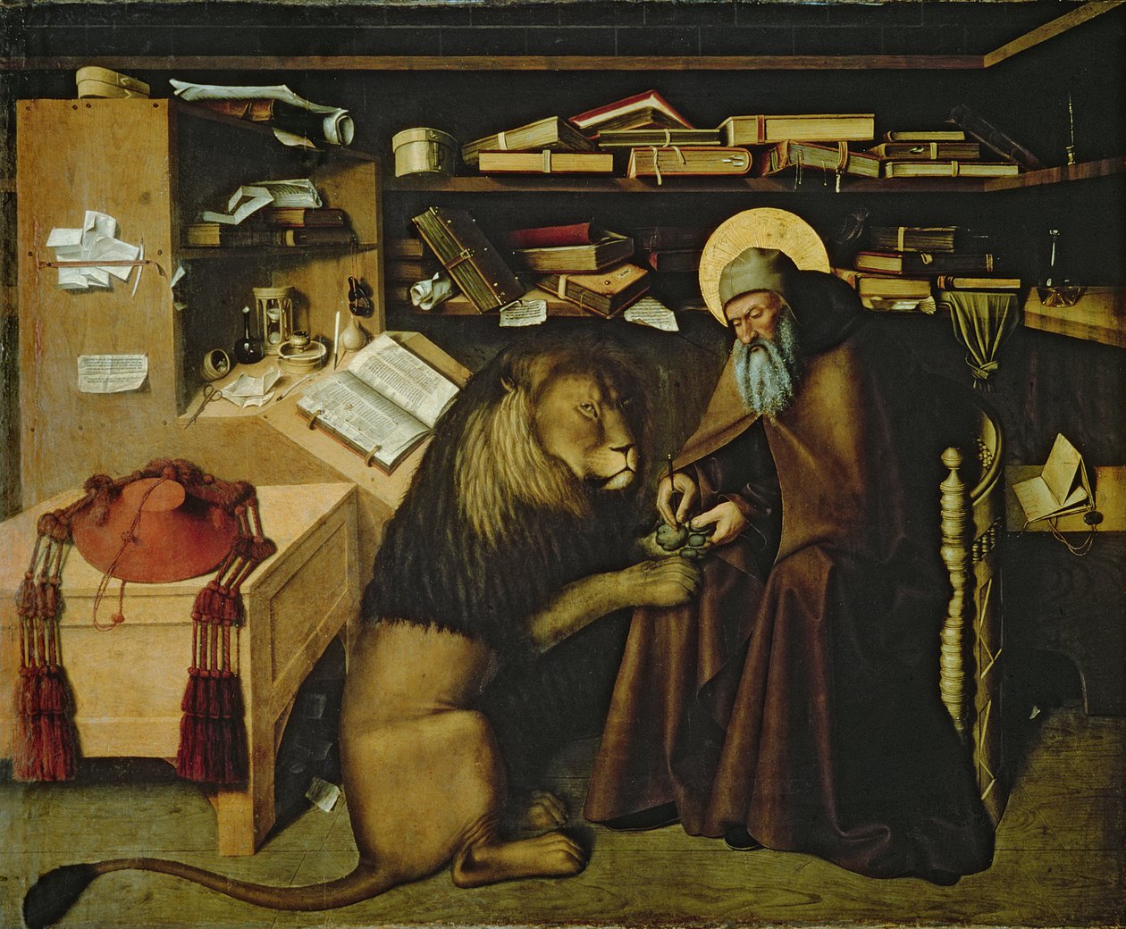 Pyhä Hieronymus poistamassa piikkia leijonan tassusta, n. 1445 (katso lisätietoja luvusta 178986) tekijältä Niccolo Antonio Colantonio