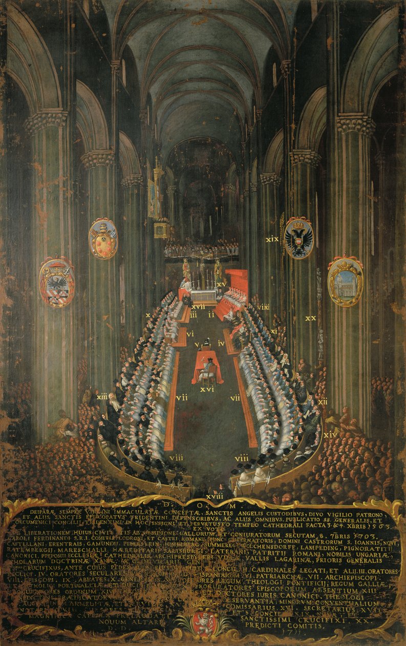 Trenton kirkolliskokouksen päätösistunnot 1563, 1563 tekijältä Niccolo Dorigati