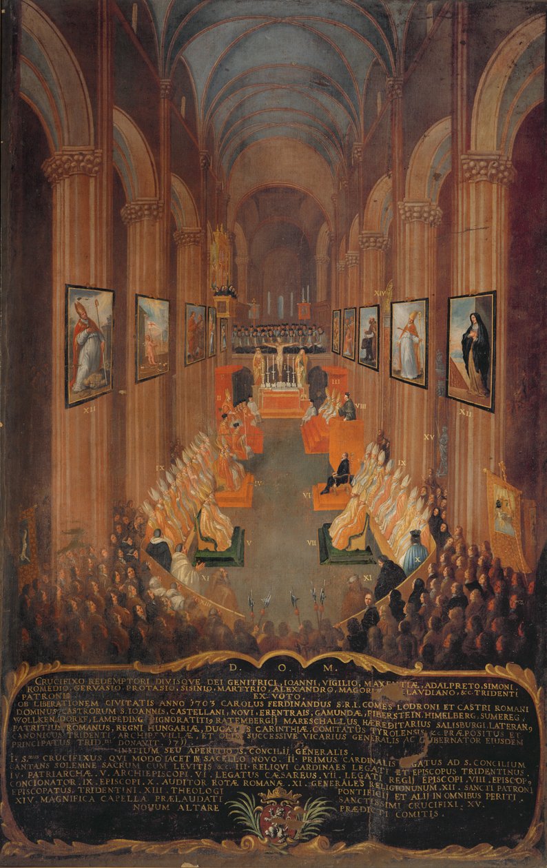 Trenton kirkolliskokouksen avausistunto vuosina 1545, 1545 tekijältä Niccolo Dorigati