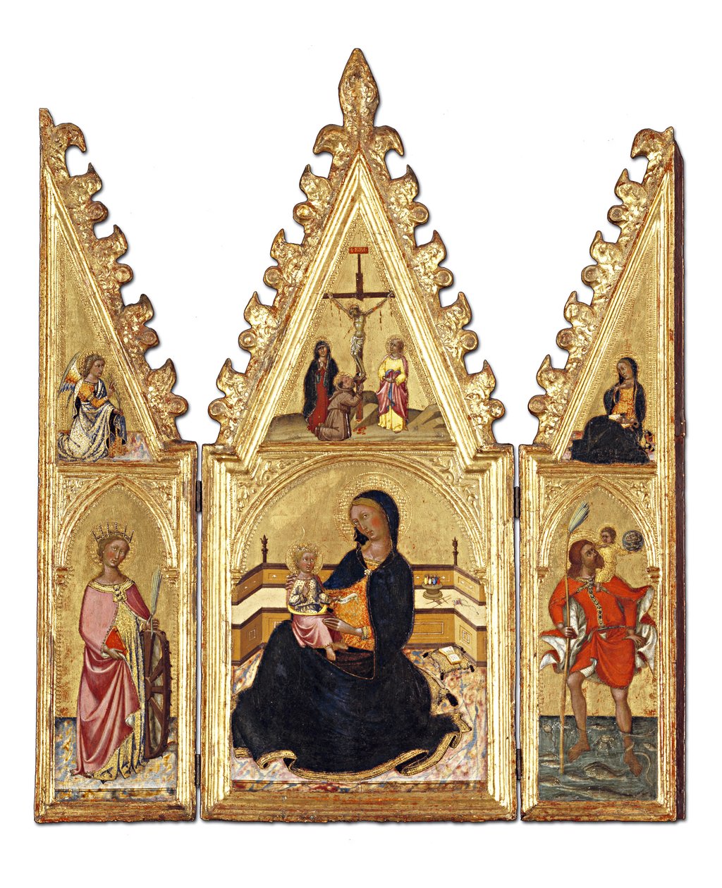 Nöyryyden Madonna Pyhän Katariina Aleksandrialaisen, Pyhän Kristoforin kanssa, Marian ilmestys ja ristiinnaulitseminen, n. 1370-75 (tempera paneelissa) tekijältä Niccolo di Buonaccorso