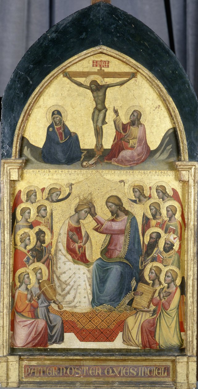 Neitsyen kruunaus enkelien, pyhien ja ristiinnaulitsemisen kanssa, n. 1405 (tempera poppelipuulla) tekijältä Niccolo di Pietro workshop of Gerini