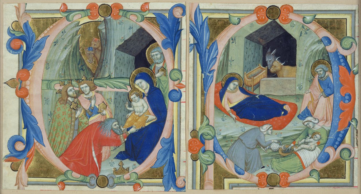 Adoration of the Magi, alkukirjaimessa "E" ja Syntymä, alkukirjaimessa "F" (vellum und gold) tekijältä Niccolo di ser Sozzo Tegliacci