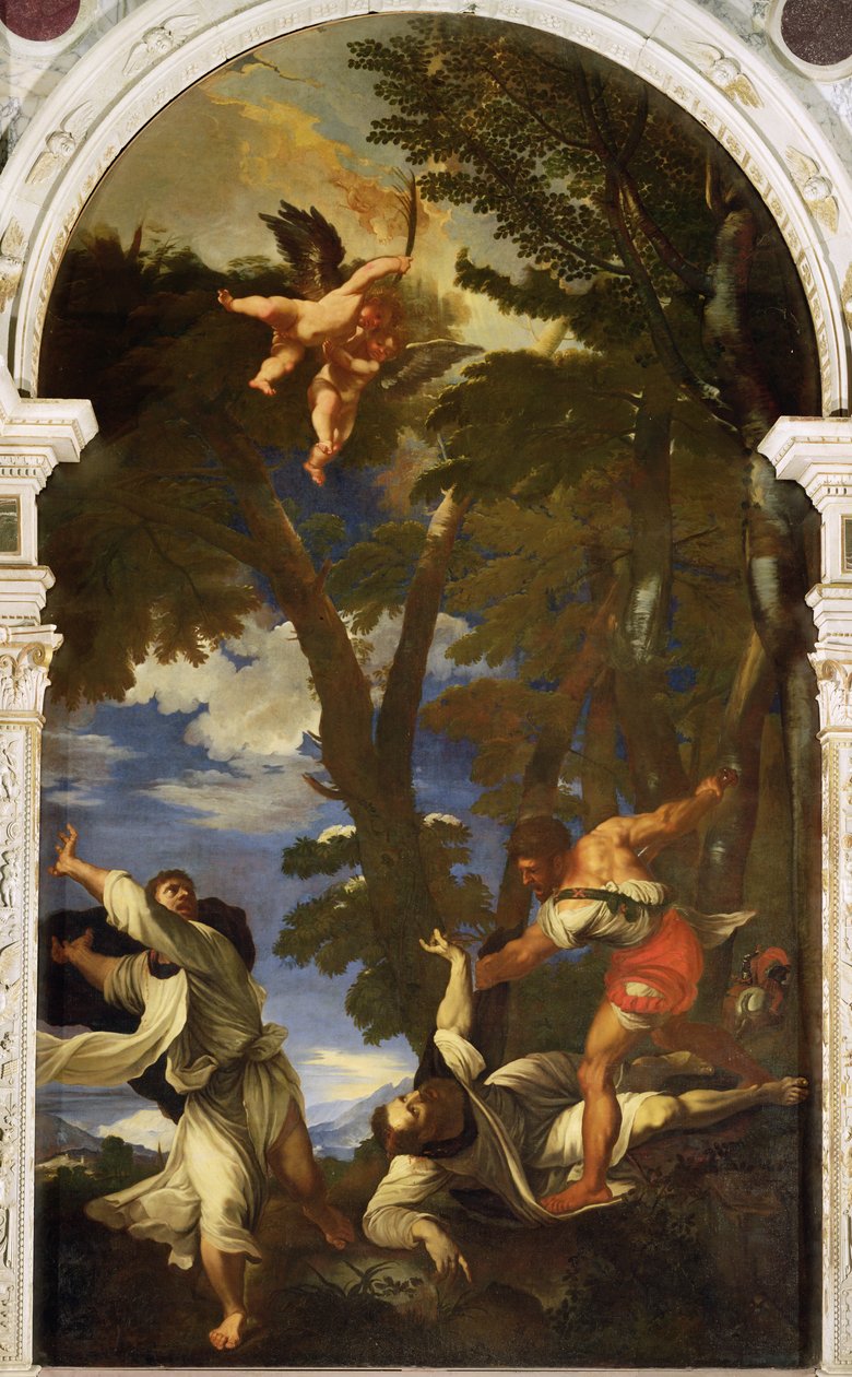 Palkattujen salamurhaajien puukottama Pyhän Pietarin marttyyri (kopio Tizianin maalauksesta, joka katosi Rosary Chapelin tulipalossa) tekijältä Niccolo Cassana