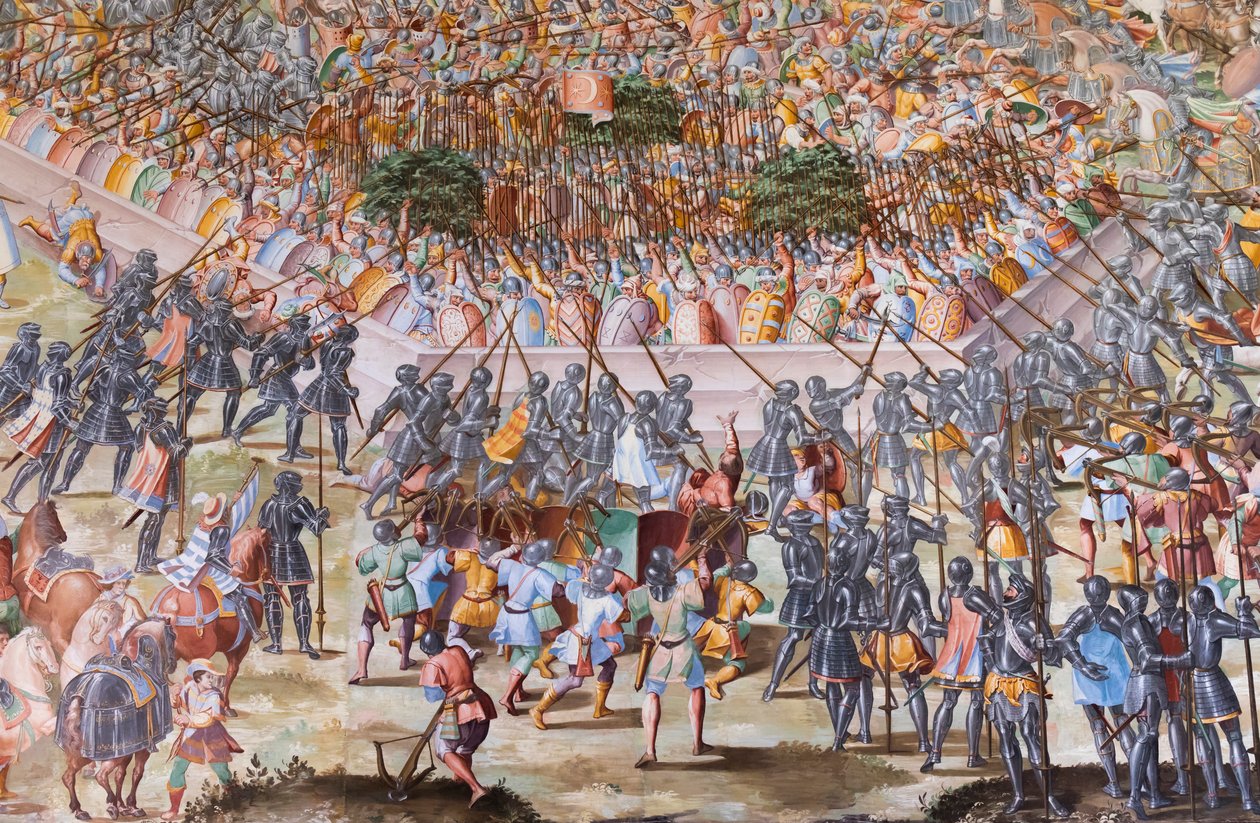 Yksityiskohta La Higueruelan vuoden 1431 taistelun freskosta Taistelujen salissa. tekijältä Niccolo Granello
