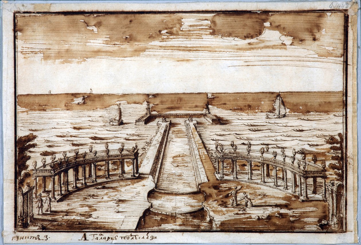 Pylväikkö ""Curves Gallery"" Gatewayssa Peterhofissa. Projekti - Nicola Michetti (1675-1759). Kynä, ruskea intialainen muste paperille tekijältä Niccolo Michetti