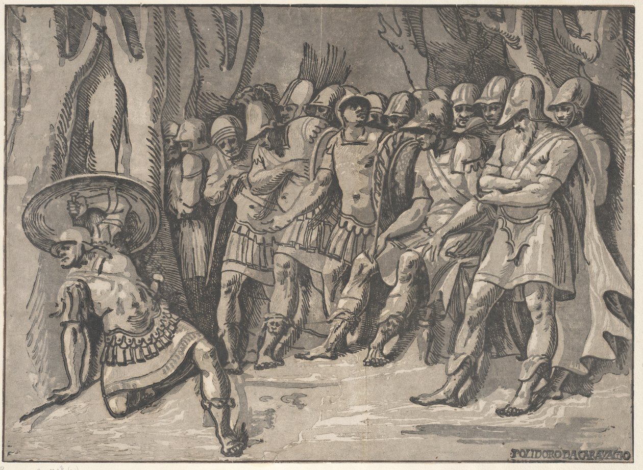 Ajax alhaalla vasemmalla kilveä ylhäällä, oikealla seisoo Agamemnon hänen..., 1540-50 ympäröimänä. tekijältä Niccolo Vicentino
