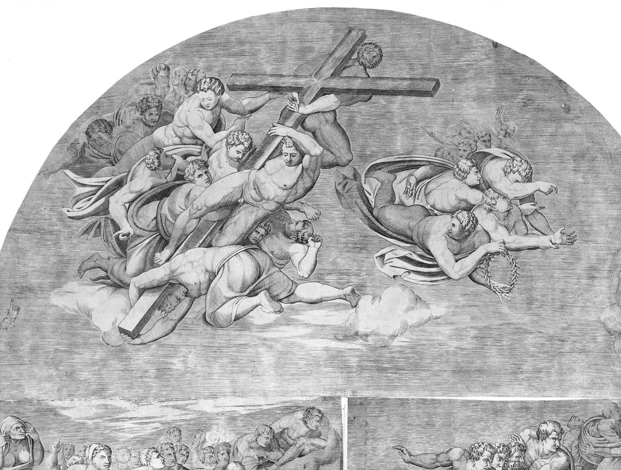 Enkelit kantamassa ristiä pyhien kanssa viimeisen tuomion vasemman yläosan alapuolella, 1548, 1548. tekijältä Niccolo della Casa