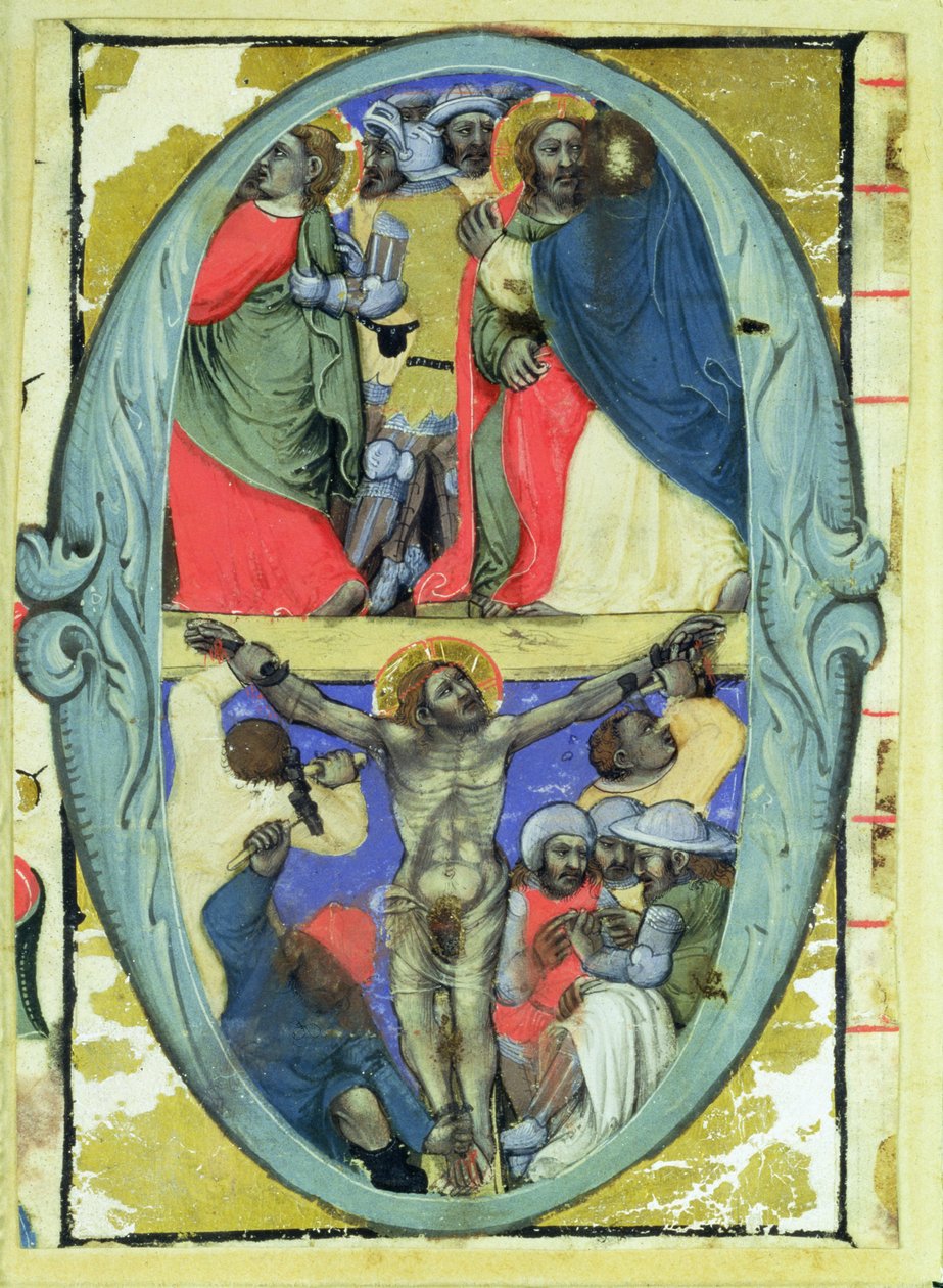 Historioitu alkukirjain "O", joka kuvaa Juudaksen suudelmaa ja ristiinnaulitsemista, n. 1370 tekijältä Niccolo di Giacomo