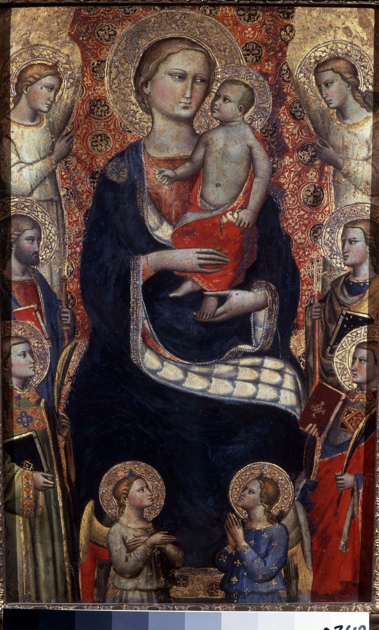 Madonna ja lapsi pyhien ja enkelien kanssa. Madonna lapsen, pyhien ja enkelien kanssa. Niccolo di Pietro Gerinin (noin 1350-1415) maalaus. Firenzen taidetta, keskiaika. Tempera puulla. Eremitaaši, Pietari tekijältä Niccolo di Pietro Gerini