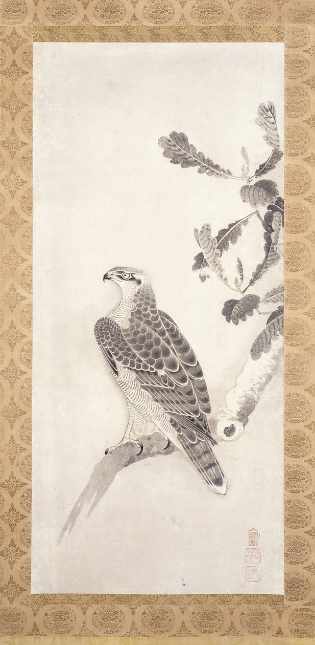 Hawk kyydissä oksalla (muste paperille) tekijältä Nichokuan Soga