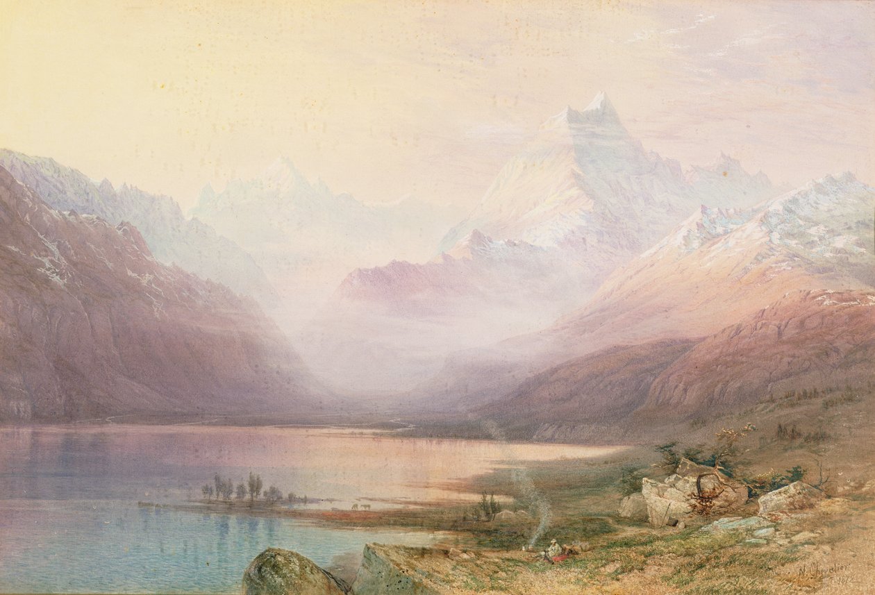 Mount Cook ja Pukakijärvi, Eteläsaari, Uusi-Seelanti, 1872 tekijältä Nicholas Chevalier