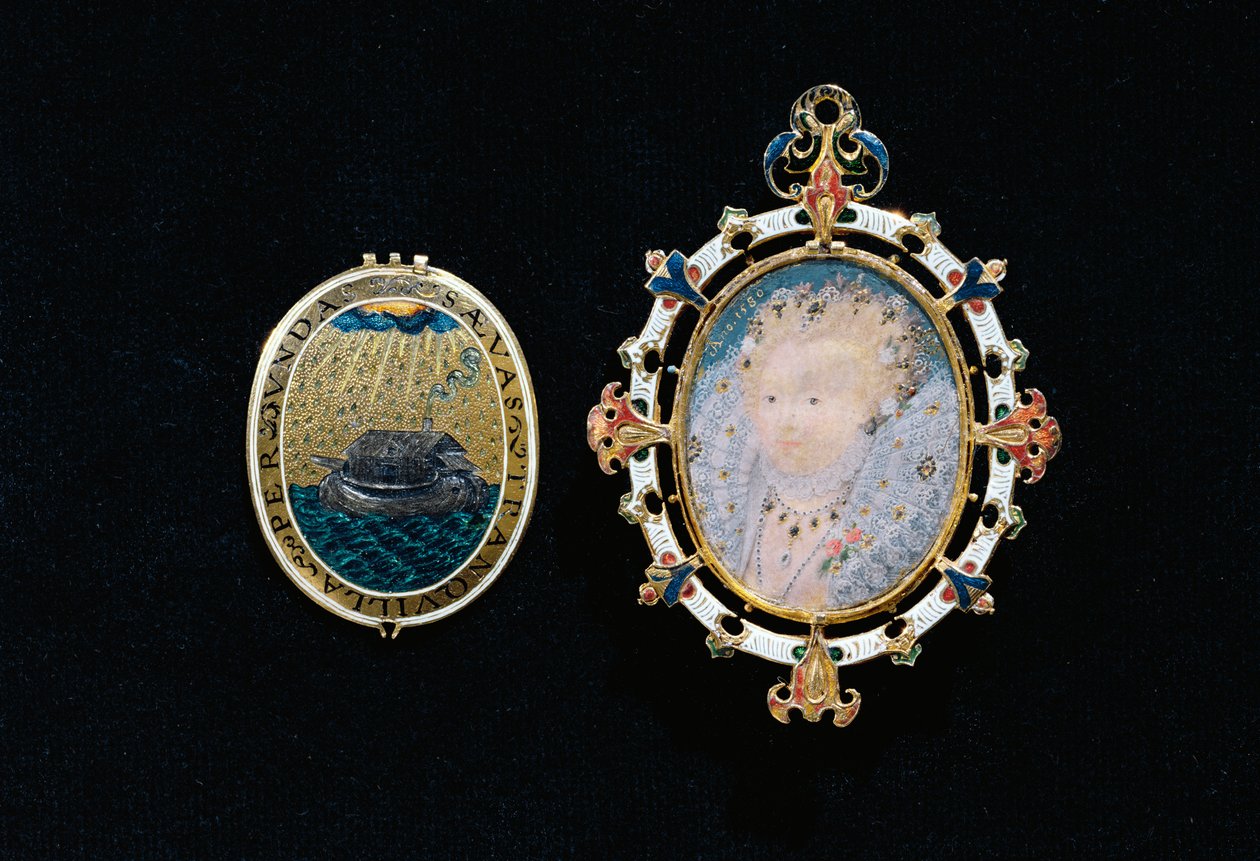 Heneage jalokivi tai Armada Jalokivi, kuningatar Elisabet I:n miniatyyri jalokivikotelossa, n. 1595 (emaloitu kulta, pöytäleikatut timantit, burmalaiset rubiinit, vuorikristalli ja miniatyyri) tekijältä Nicholas Hilliard