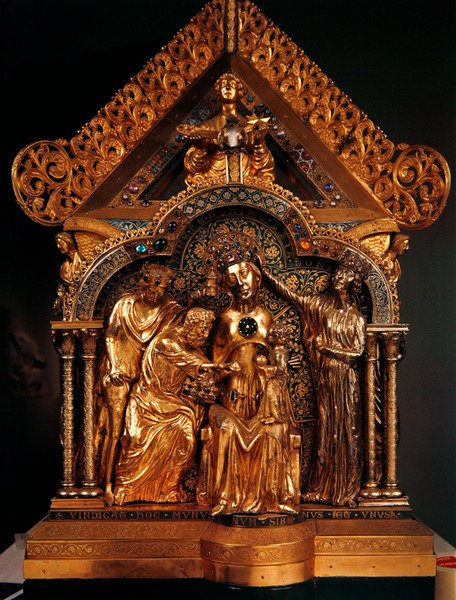 Adoration of the Magi, Our Ladys Shrine of Notre-Dame, 1205 (hopeakullattu, kuparikultattu, emali ja filigraani puun päällä) tekijältä Nicholas of Verdun