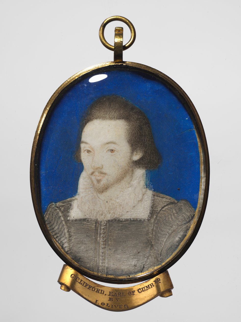 Miehen muotokuva, n. 1600 (w/c vellum, kultainen reunus kullatussa metallikehyksessä) tekijältä Nicholas (manner of) Hilliard