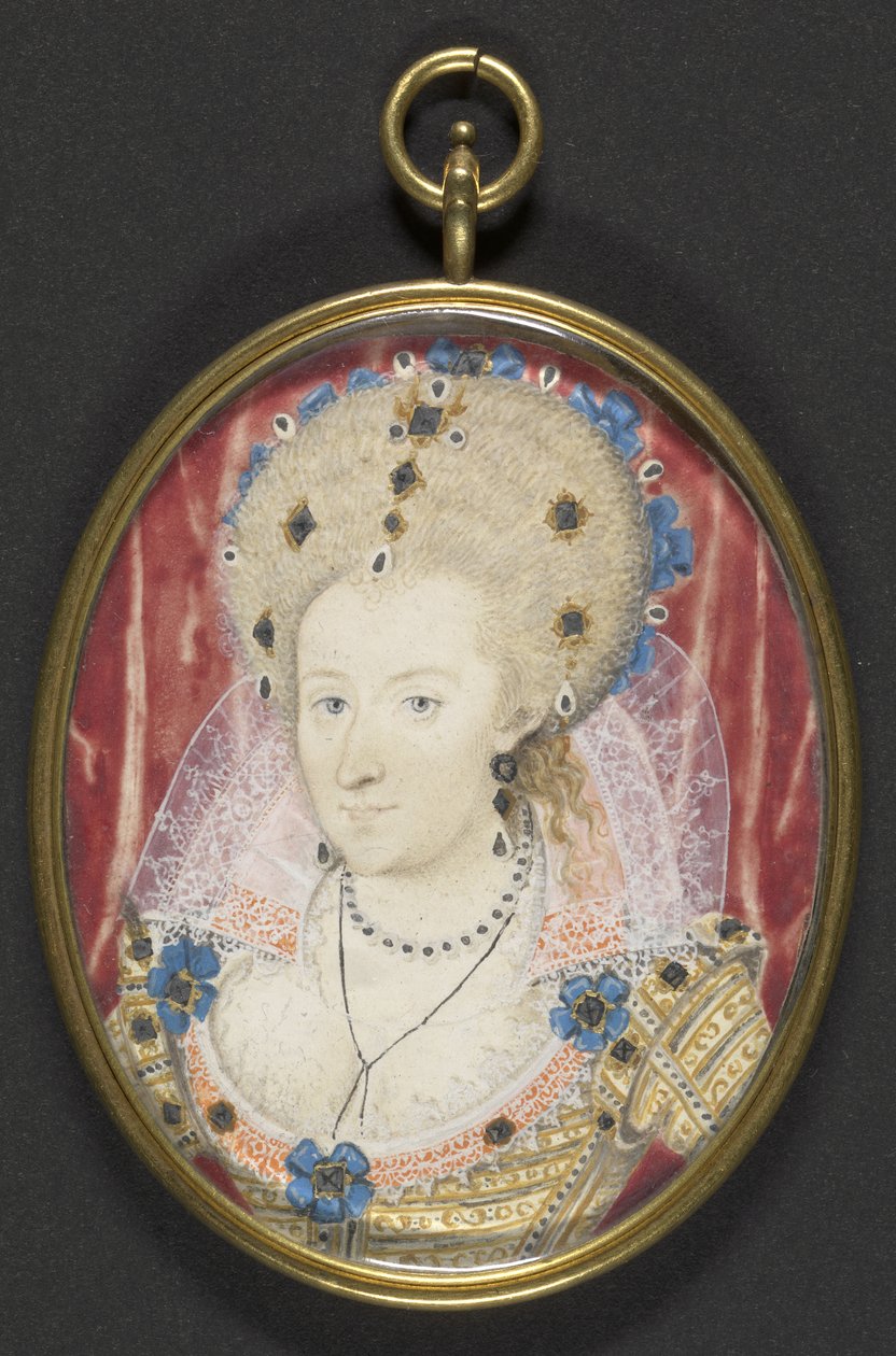 Anne of Denmark, n. 1600 (kortille asetettu guassi tarranauhalla) tekijältä Nicholas (studio of) Hilliard
