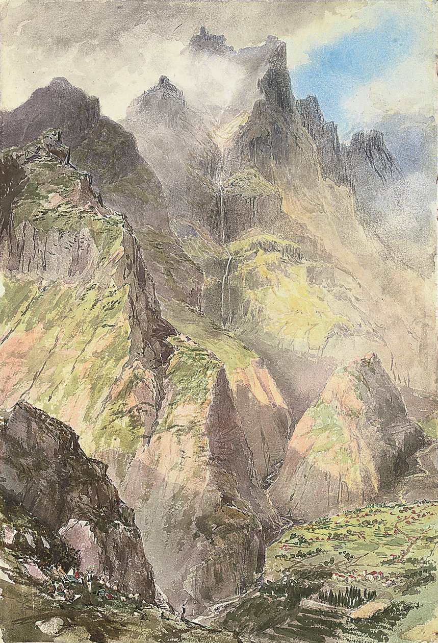 Grande Curral, Madeira, turistiryhmä etualalla, Pico Grande takana (vesiväri paperille). tekijältä Nicholas Chevalier